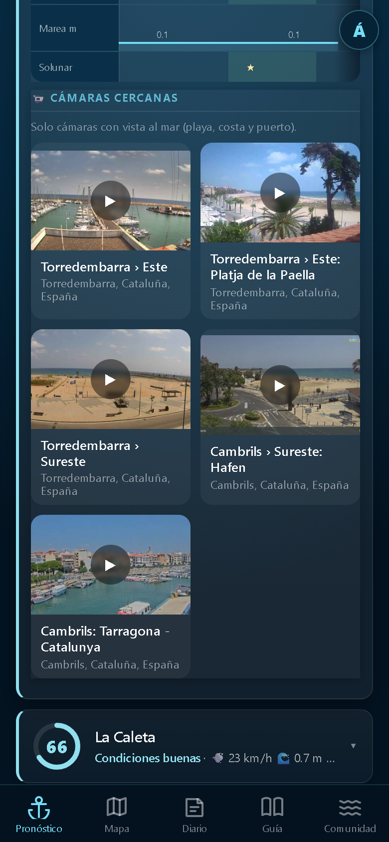 Detalle de spot: mejores horas solunares y cámaras de playa en directo