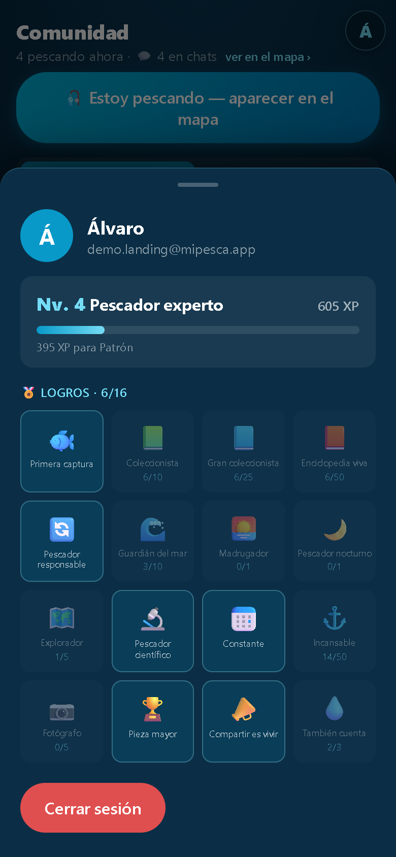 Perfil de pescador: nivel 4 Pescador experto con barra de XP y rejilla de 16 logros