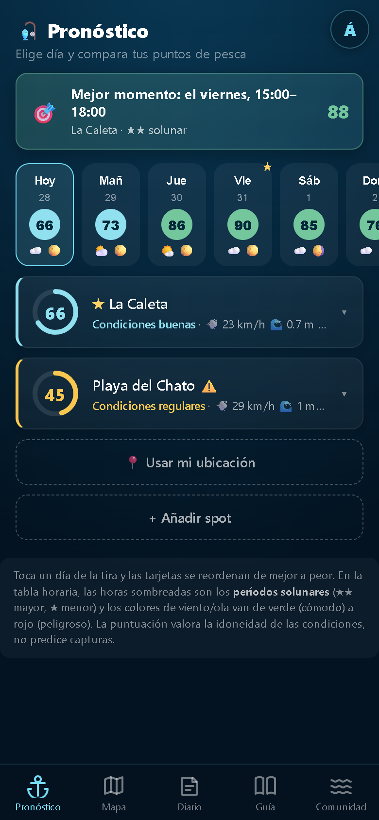 Pantalla Pronóstico de MiPesca: puntuación de actividad por día y por spot, con viento, oleaje y fase lunar