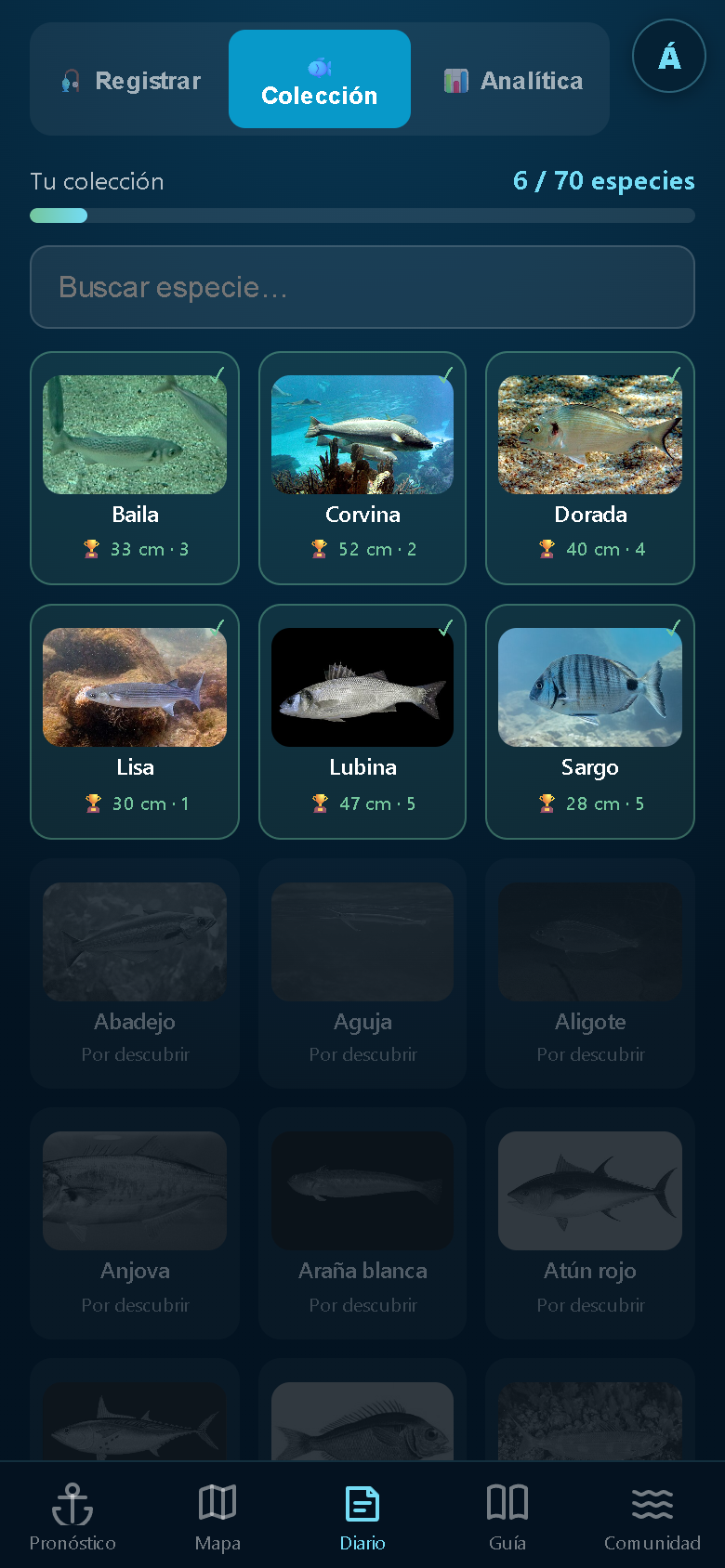 Colección de especies estilo Pokédex con récords por especie