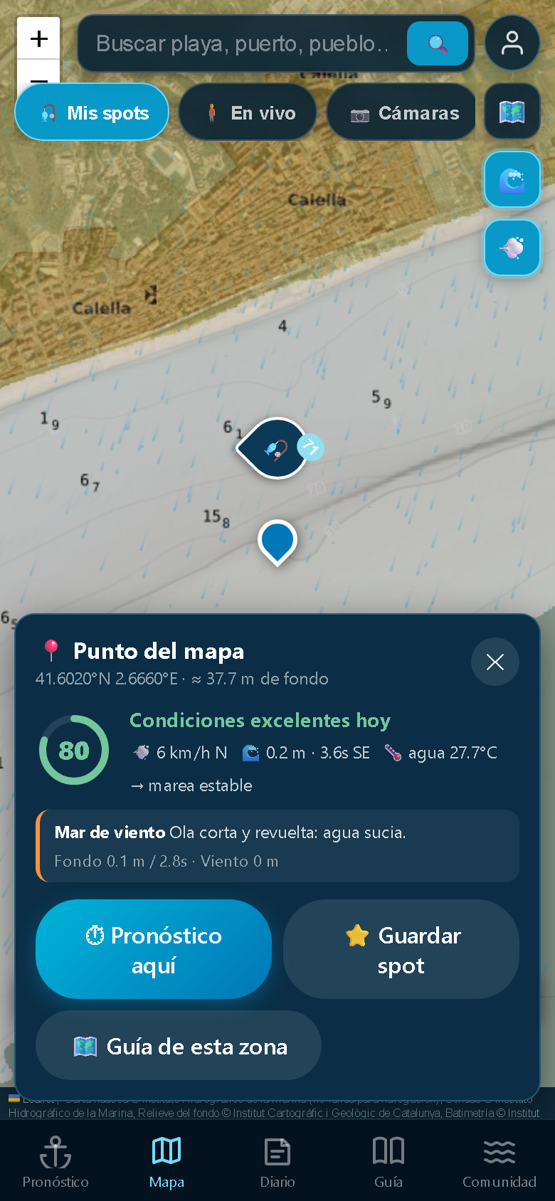Ficha de un punto del mapa en MiPesca: metros de fondo, puntuación del día, viento, oleaje y temperatura del agua